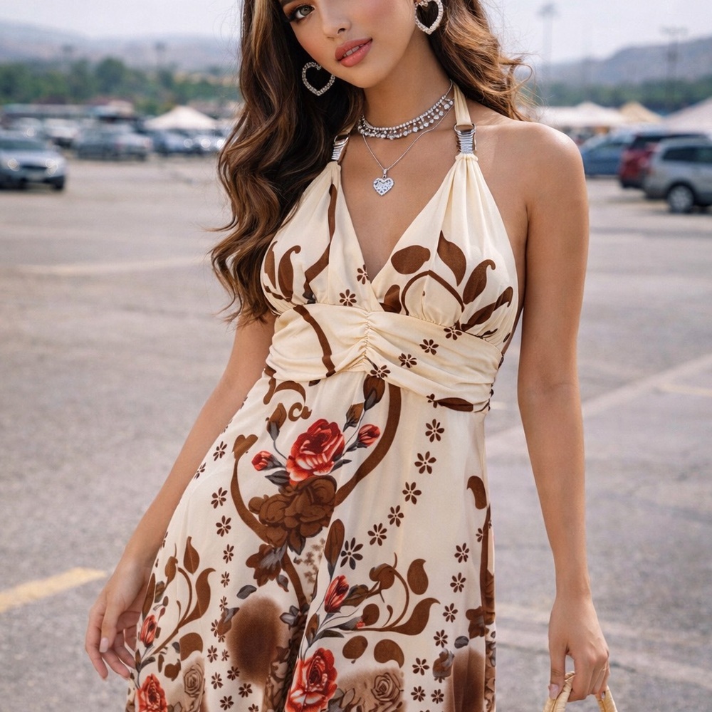 Y2K Boho Halter Maxi Dress Floral Brown Cream Paradise S